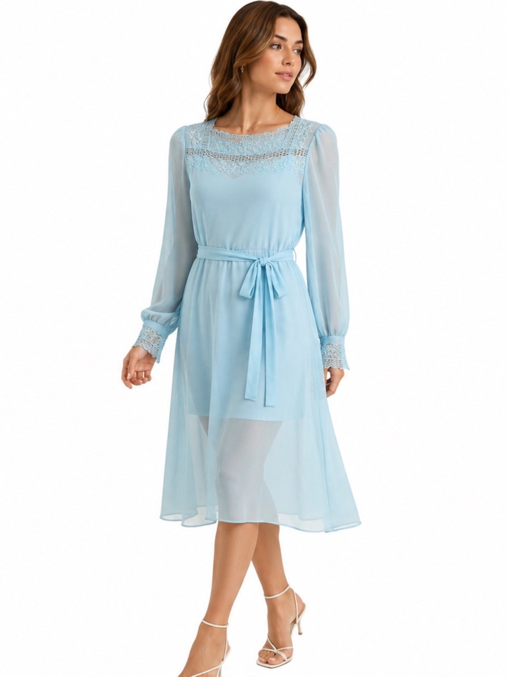 Vintage 80s House of Nu-Mode Blue Lace Midi Dress Sheer Size 11/12 modern medium